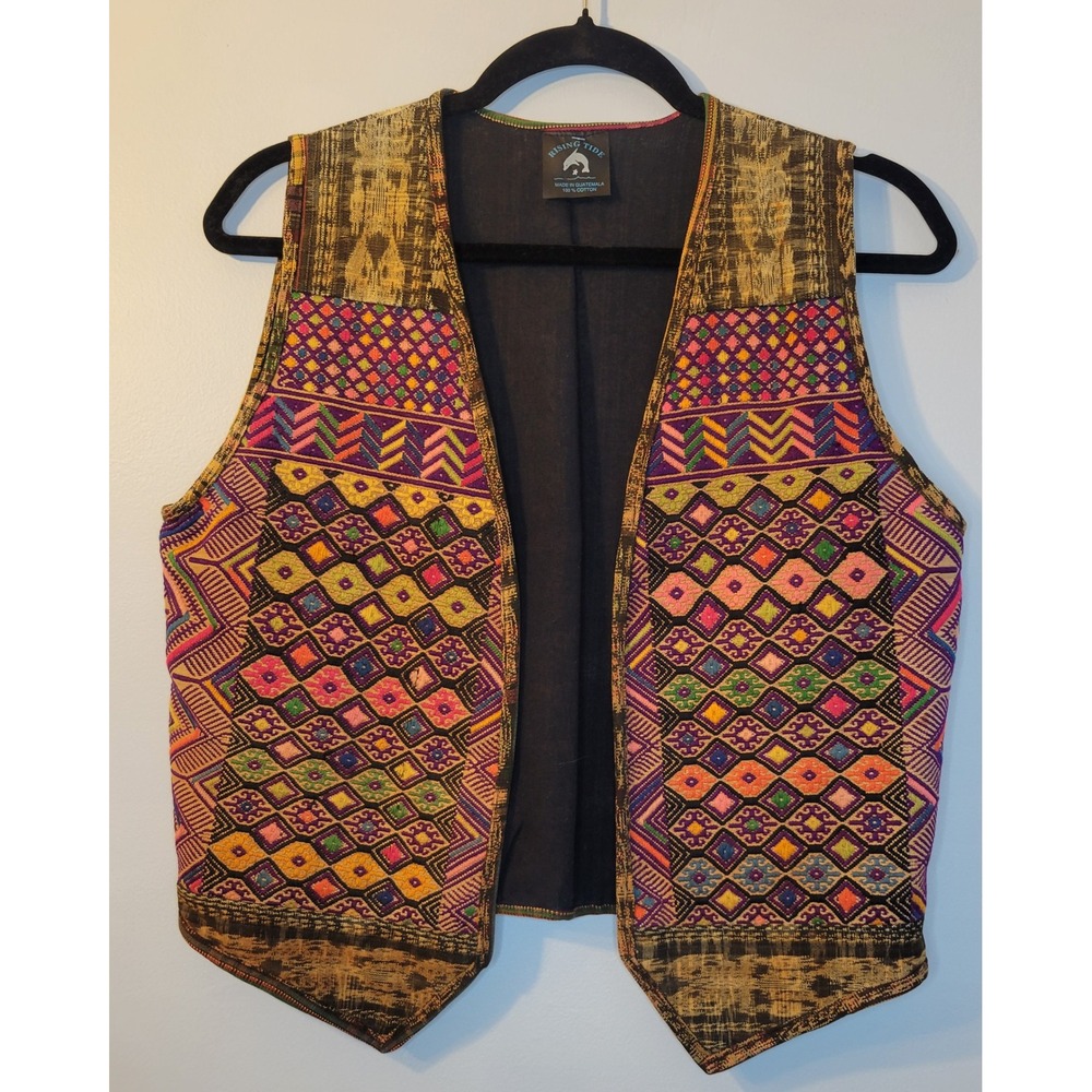 Vintage 90s Rising Tide Guatemala Embroidered Cotton Boho Open Front Vest Small
